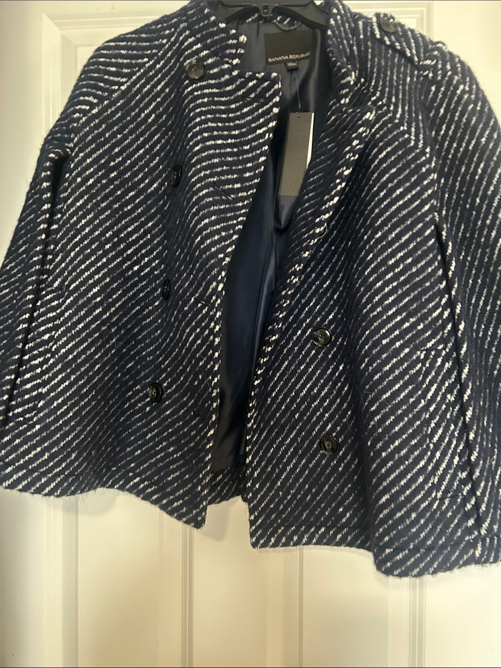 Banana Republic Navy & White Striped Double-Breasted Pea Coat